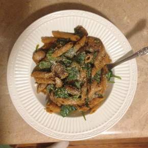Penne with Creamy Butternut Squash Sauce, Spinach, and Spicy Sausage